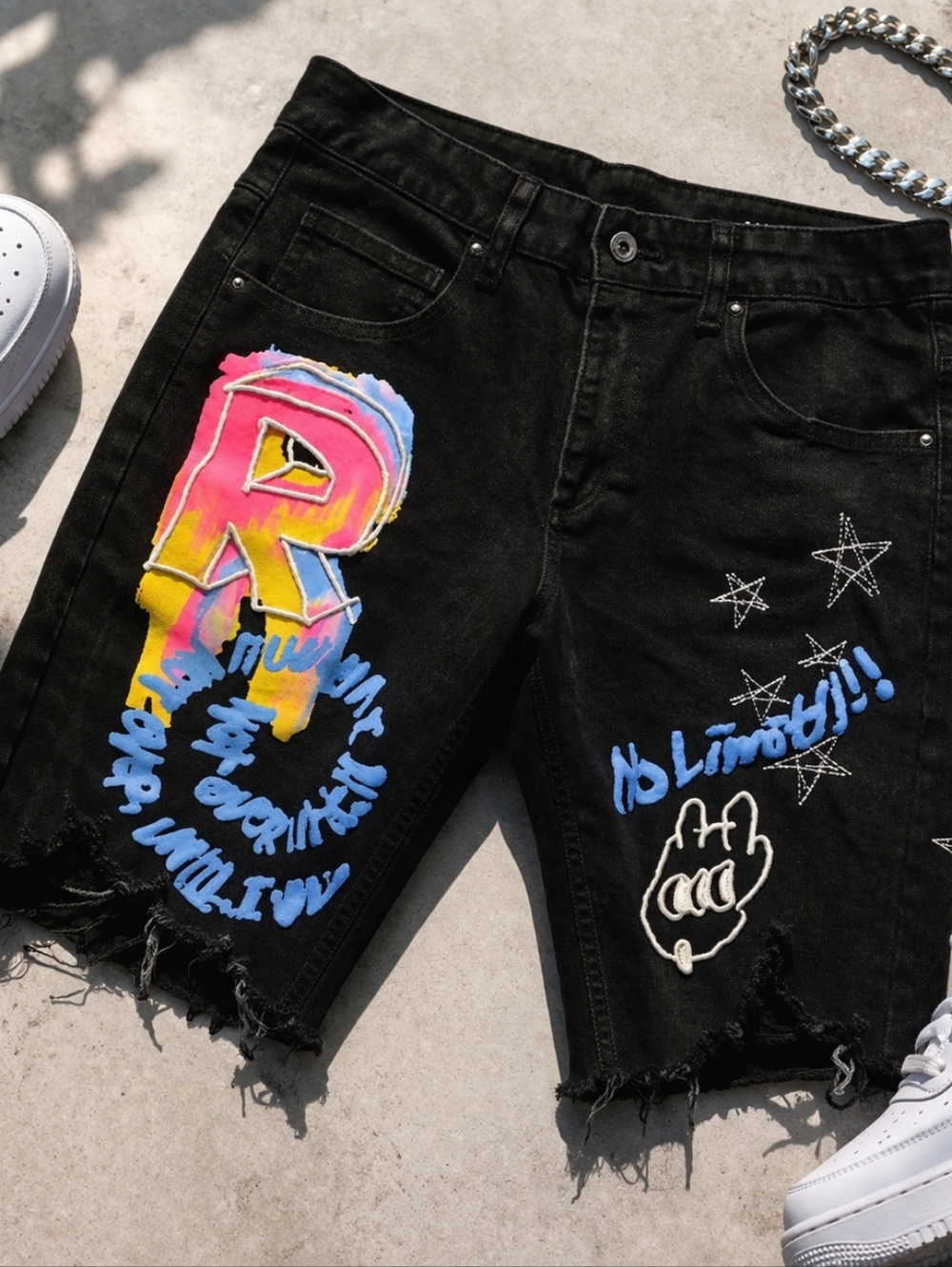 Smoke Rise Black Graphic Distressed Denim  Shorts Streetwear Y2K Graffiti